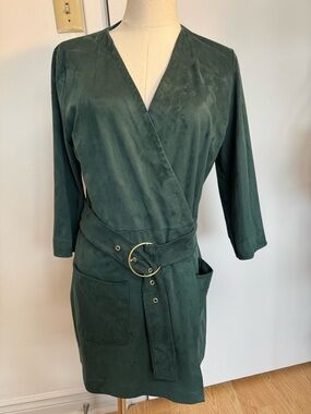 Zara TRF Collection Deep Green Faux-Suede Wrap Romper with Gold Ring Belt